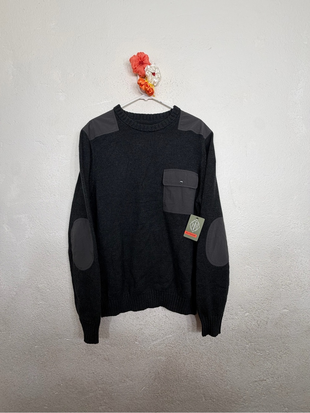 NWT St. John's Bay Outdoor Sweater Mens XL Charcoal Patch Elbow Utility Crewneck